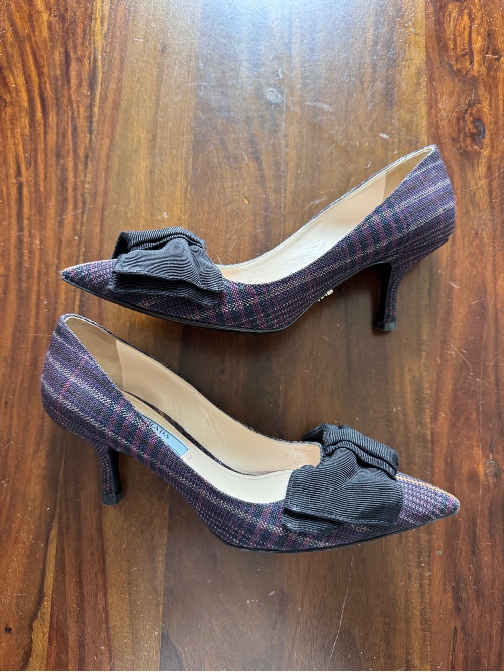 Prada Purple Plaid Pointed-Toe Pumps with Black Bow
